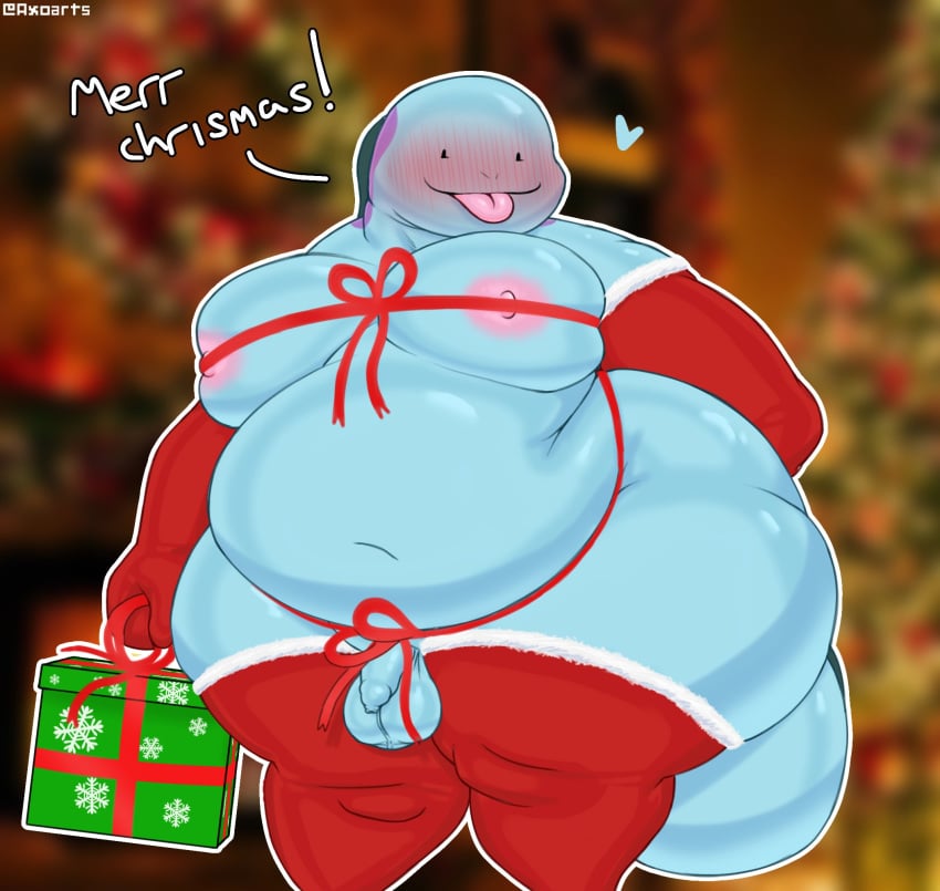 2023 anthro armwear ass axoarts balls bedroom_eyes big_butt black_eyes blue_body blue_tail blush blush_lines buddy_(axoarts) christmas christmas_gift christmas_tree clothing digital_media_(artwork) elbow_gloves english_text engrish foreskin generation_2_pokemon genitals gift gloves half-closed_eyes handwear happy heart hi_res holding_gift holding_object holidays huge_butt inside legwear long_foreskin male male_only moobs multicolored_armwear multicolored_clothing multicolored_elbow_gloves multicolored_gloves multicolored_handwear multicolored_legwear multicolored_thigh_highs narrowed_eyes navel nintendo nipples obese obese_anthro obese_male overweight overweight_anthro overweight_male penis pink_nipples plant pokemon pokemon_(species) quagsire red_armwear red_clothing red_elbow_gloves red_gloves red_handwear red_legwear red_thigh_highs seductive small_balls small_penis solo tail text thick_thighs thigh_highs three-quarter_view tongue tongue_out tree two_tone_armwear two_tone_clothing two_tone_elbow_gloves two_tone_gloves two_tone_handwear two_tone_legwear two_tone_thigh_highs unretracted_foreskin white_armwear white_clothing white_elbow_gloves white_gloves white_handwear white_legwear white_thigh_highs wrapped_up