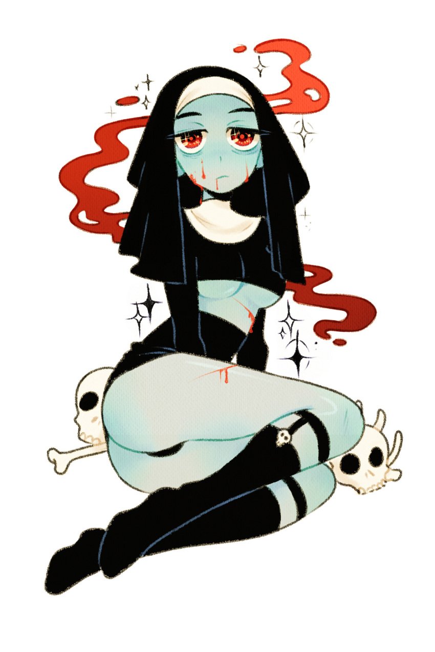 1girls ass black_socks blood blood_on_face blue_skin bone bones brittsart cute female female female_focus female_only girl halloween monster monster_girl nun nun_hat nun_outfit pinup red_eyes socks sparkles underboob upskirt white_background