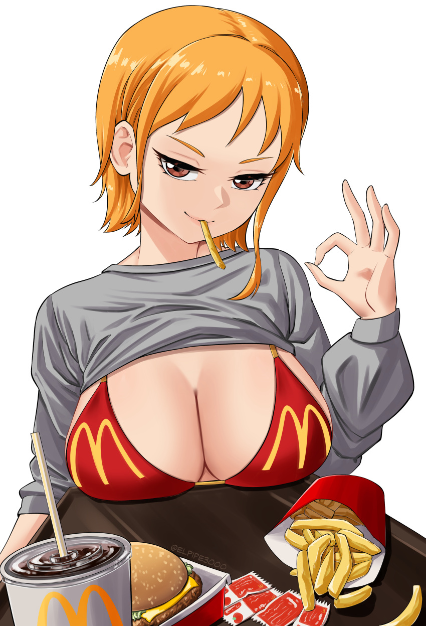 absurdres breast_rest breasts breasts_on_table brown_eyes burger clothes_lift cosplay cup disposable_cup drink elpipe3000 female female_only food french_fries highres holding holding_tray ketchup large_breasts mcdonald's mom_(japanese_mcdonald's_commercial)_(cosplay) nami one_piece orange_hair pre-timeskip shirt_lift short_hair solo tray yoru_mac