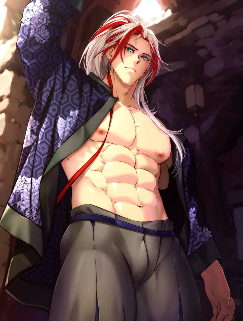 abs bara bulge chest clothing heartsteel_series heartsteel_yone league_of_legends long_hair male male_focus male_only nipples open_clothes pecs pectorals ponytail solo solo_focus solo_male white_hair yone