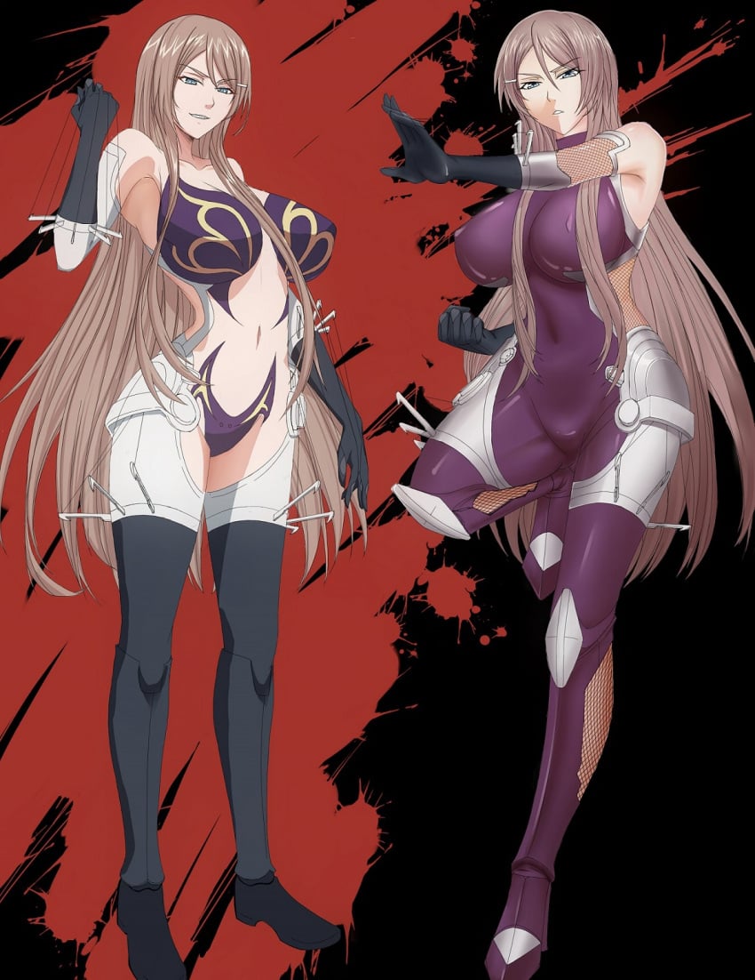 2girls akuma_no_riddle armor bad_id bad_pixiv_id blood blood_splatter blue_eyes bodysuit breasts cosplay cyborg dual_persona elbow_gloves gloves hair_ornament hairclip hairpin hanabusa_sumireko highres huge_breasts igawa_asagi igawa_asagi_(cosplay) joints lolkoloko long_hair mechanical_arms multiple_girls orange_hair purple_bodysuit robot_joints single_mechanical_arm spoilers taimanin_(series) taimanin_asagi taimanin_suit very_long_hair