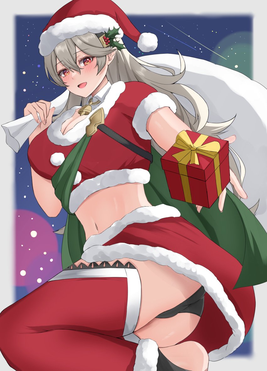 1girls ass bag bare_midriff bare_thighs barefoot big_ass black_panties box breasts carrying christmas cleavage corrin_(fire_emblem) corrin_(fire_emblem)_(female) female female_only fire_emblem fire_emblem_fates gift grey_hair hair_between_eyes hairband hat inner_thighs large_breasts long_hair looking_at_viewer midriff night nintendo open_mouth outdoors panties pantyshot peli_cantaro pointy_ears reaching_out reaching_towards_viewer red_eyes sack santa_hat short_sleeves skirt smile snow solo thighhighs thighs underwear upskirt very_long_hair