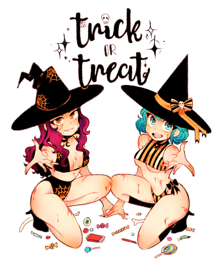 2girls blood blue_eyes blue_hair bone bones bow brittsart candy cleavage cute eyeball female female_focus female_only girls halloween magenta_hair monster monster_girl multiple_girls orange_eyes pinup reaching_out reaching_towards_viewer skull smile smiling smiling_at_viewer sparkles stitches thong underboob underwear white_background witch witch_hat