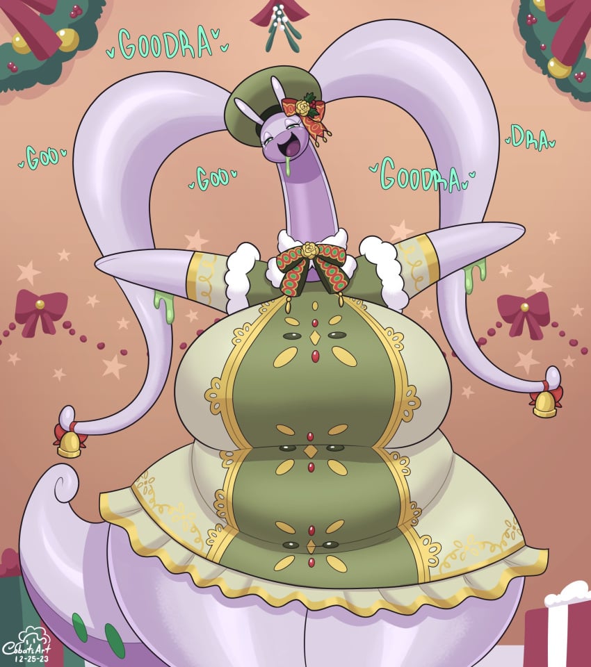 1girls big_breasts christmas cobatsart drool female female_only generation_6_pokemon goodra hi_res hug_invitation huge_breasts looking_at_viewer mistletoe narrowed_eyes nintendo pokémon_(species) pokemon pokemon_(species) pokemon_only smiling smiling_at_viewer solo text thick_thighs wide_hips