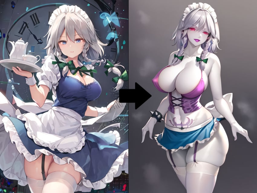 ai_generated attitude_adjustment before_and_after brainwashing breast_expansion corruption fairy_tail female femsub fully_clothed gothification gothified hair_color_change hair_growth huge_ass huge_breasts midriff npg8993 personality_change post_transformation pre-transformation rock_of_succubus sakuya_izayoi skin_color_change thick_thighs thigh_expansion touhou transformation wide_hips