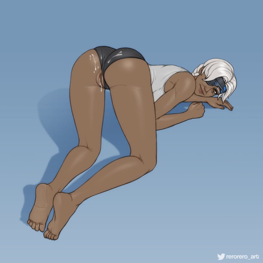 1girls 2d after_sex ana_amari barefoot blizzard_entertainment clothed cum cum_in_pussy cum_inside dark_skin eyepatch feet female gilf grey_hair looking_back mature_female old_ana_amari overwatch panties panties_aside rerorero solo_female tattoo white_hair