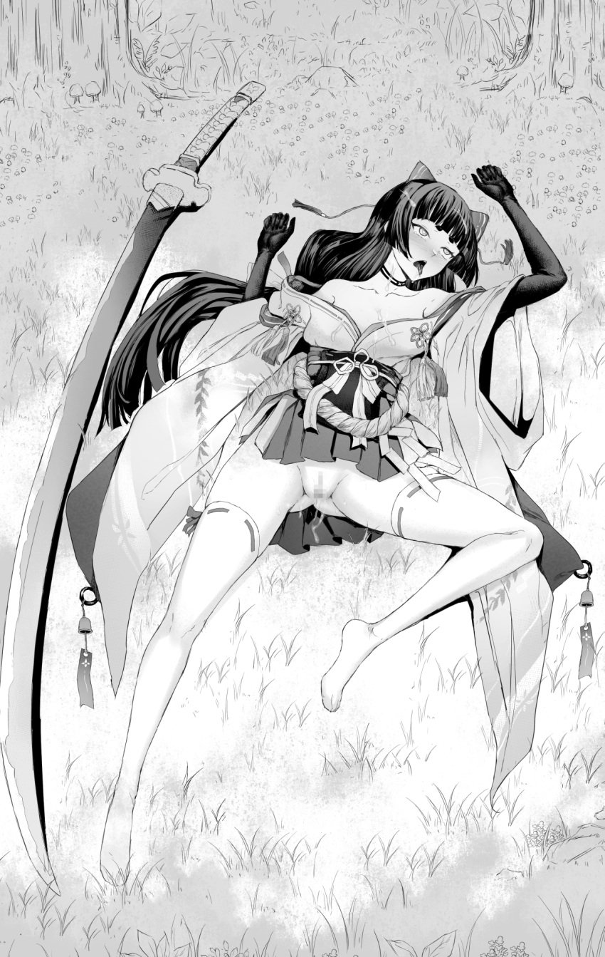 bell blunt_bangs blush bow censored chinese_commentary commentary_request defeat elbow_gloves female forest full_body gloves grass greyscale hairbow highres japanese_clothes katana kimono long_hair long_sleeves looking_afar medium_bangs monochrome mosaic_censoring nature no_panties no_shoes off_shoulder onmyoji open_mouth pussy qisu ribbon-trimmed_thighhighs rope shimenawa solo sword thick_eyebrows thighhighs tongue tongue_out weapon wide_sleeves youtou_hime_(onmyoji)