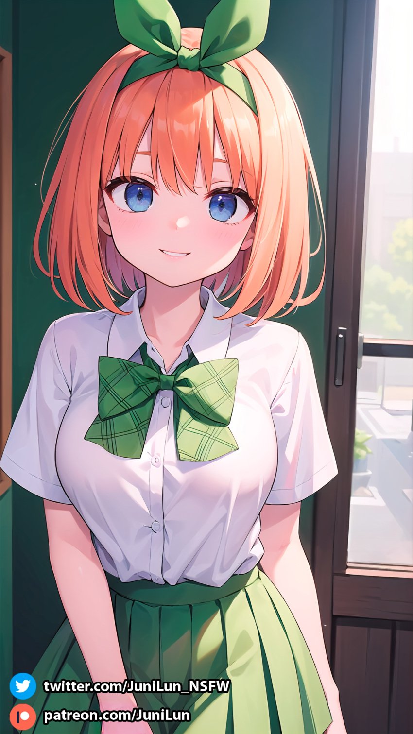 1girls ai_generated ass background blue_eyes blush breasts cute eyebrows eyebrows_visible_through_hair eyelashes female female_focus female_only front_view go-toubun_no_hanayome hair_between_eyes hair_ornament hair_ribbon hi_res highres huge_ass huge_breasts indoors junilun_nsfw light-skinned_female light_skin looking_at_viewer nakano_yotsuba orange_hair patreon patreon_username presenting presenting_breasts ribbon room shirt short_hair skirt smile solo solo_female solo_focus stable_diffusion standing tagme thick_thighs thighs white_shirt