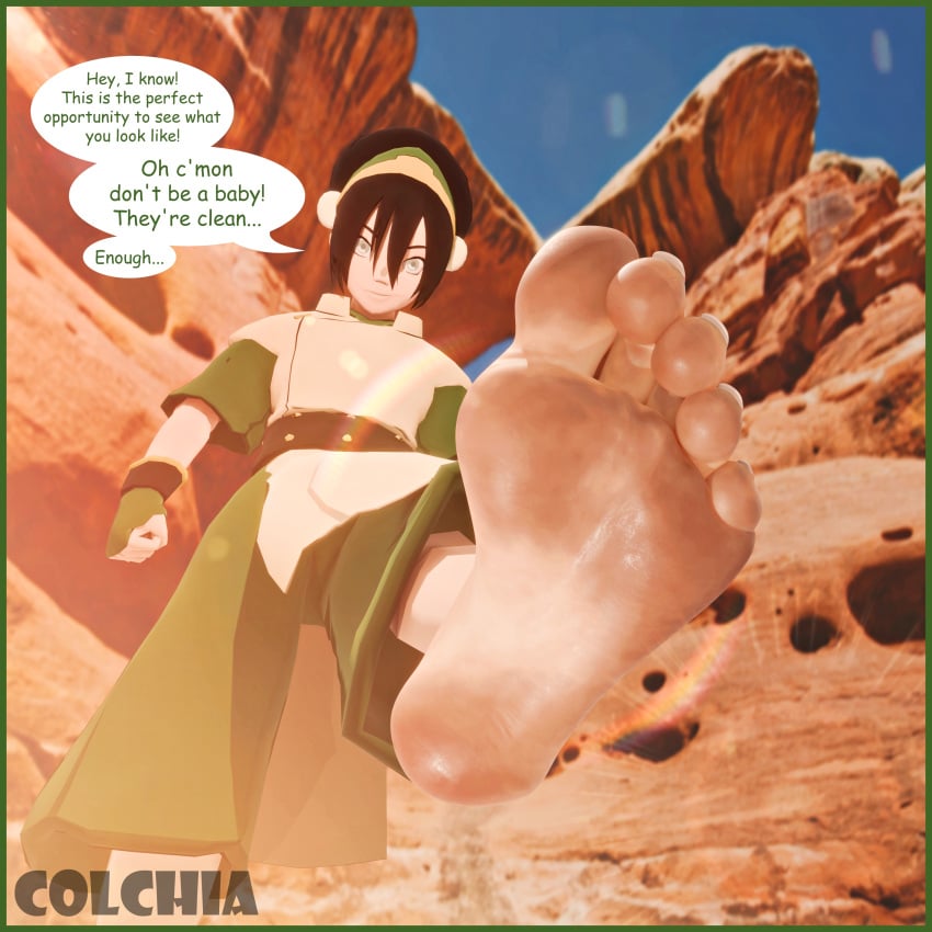 1girls 3d artist_name avatar_legends avatar_the_last_airbender barefoot blender colchia dirty_feet earth_kingdom english_text feet female foot_fetish foot_focus foot_smother full_color fully_clothed no_penetration nude nude_female pov_feet soles solo solo_female speech_bubble sweaty_feet tease text toes toph_bei_fong