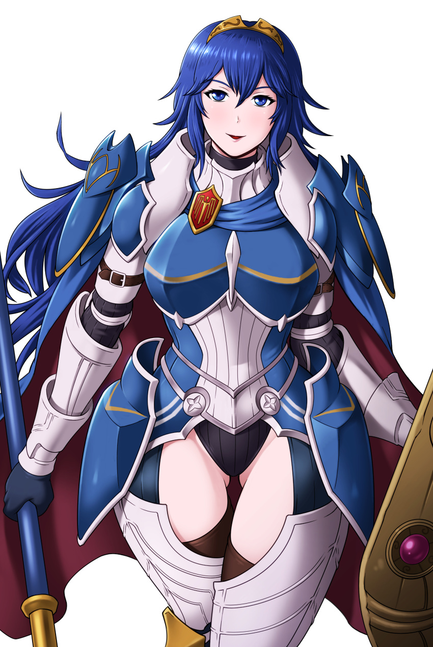 1girls absurdres alternate_costume armor armored_boots ass_visible_through_thighs bare_thighs black_leotard black_panties blue_eyes blue_hair boots cape cowboy_shot female female_only fire_emblem fire_emblem_awakening fire_emblem_heroes hair_between_eyes highleg highleg_leotard highres holding holding_shield holding_weapon inner_thighs leotard long_hair looking_at_viewer lucina_(fate's_resolve)_(fire_emblem) lucina_(fire_emblem) nintendo official_alternate_costume panties rakusai_(saisai_garou) shield shoulder_armor simple_background smile solo thick_thighs thighhighs thighs tiara underwear weapon white_background