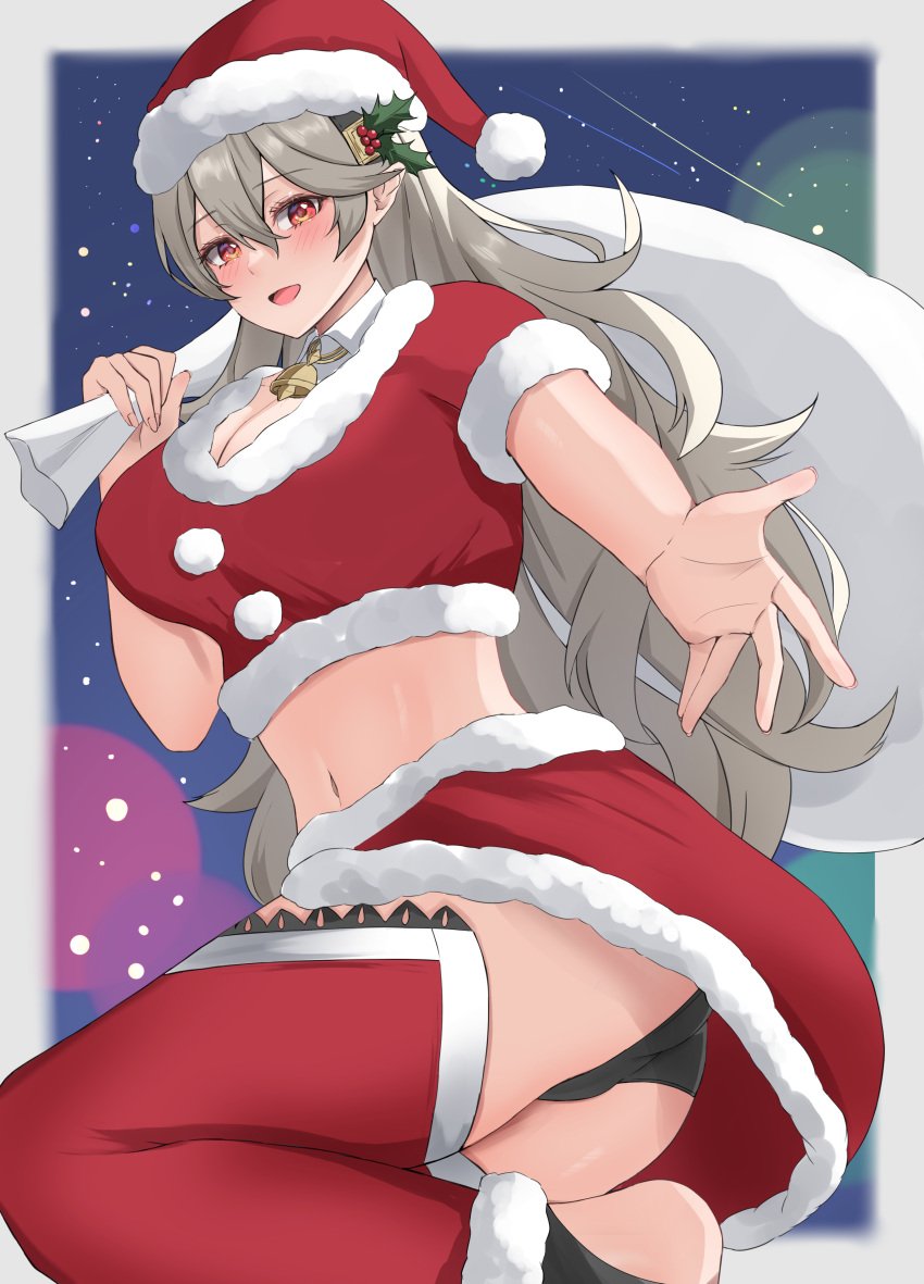 1girls ass bag bare_midriff bare_thighs barefoot big_ass black_panties breasts carrying christmas cleavage corrin_(fire_emblem) corrin_(fire_emblem)_(female) female female_only fire_emblem fire_emblem_fates grey_hair hair_between_eyes hairband hat inner_thighs large_breasts long_hair looking_at_viewer midriff night nintendo open_mouth outdoors panties pantyshot peli_cantaro pointy_ears reaching_out reaching_towards_viewer red_eyes sack santa_hat short_sleeves skirt smile snow solo thighhighs thighs underwear upskirt very_long_hair