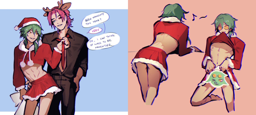 abs ass back_view censored censored_penis christmas crossdressing dialogue ezreal femboy feminine_male gay green_hair heartsteel_ezreal heartsteel_kayn heartsteel_series kayn league_of_legends legs male male/male male_focus male_only miniskirt pink_hair purple_hair reindeer_antlers santa_costume santa_hat skirt twink two_tone_hair yaoi