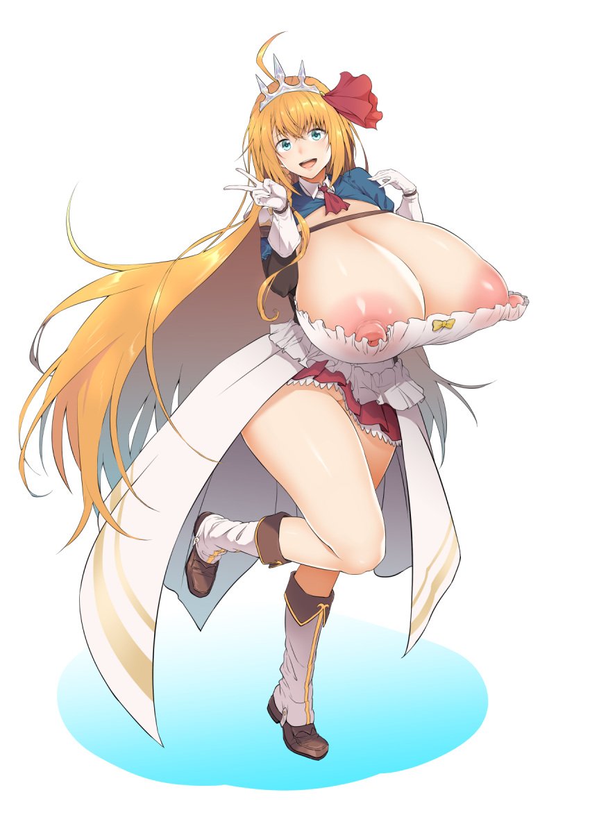 1girls ahemaru ahoge areola_slip areolae bare_legs barely_contained_breasts blue_eyes boots breasts breasts_bigger_than_head busty cleavage crown dress female female_only gigantic_breasts gloves hair_between_eyes huge_breasts light-skinned_female light_skin long_hair looking_at_viewer nipple_bulge nipples no_panties open_mouth orange_hair peace_sign pecorine princess_connect! princess_connect!_re:dive smile solo thick_thighs tiara v very_long_hair voluptuous