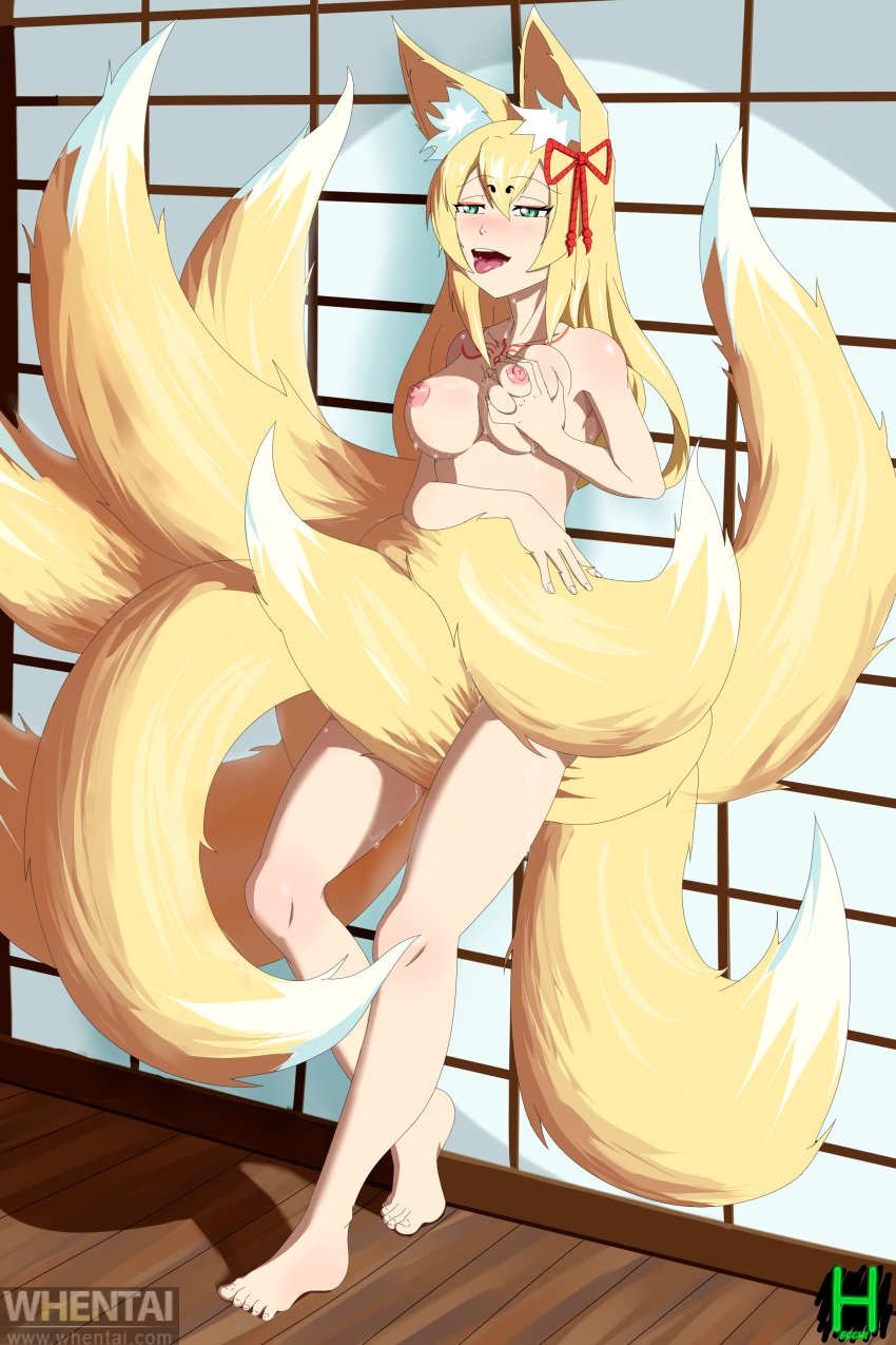 9_tails animal_ears animal_tail big_breasts blonde_hair blonde_tail feet fox fox_ears fox_girl fox_tail grabbing_own_breast green_eyes h_ecchi kitsune long_hair mon-musu_quest! monster_girl monster_girl_quest nipples nude rubber solo_female tail_sex tailjob tamamo_(monster_girl_quest) toes tongue_out vaginal_juices vaginal_masturbation