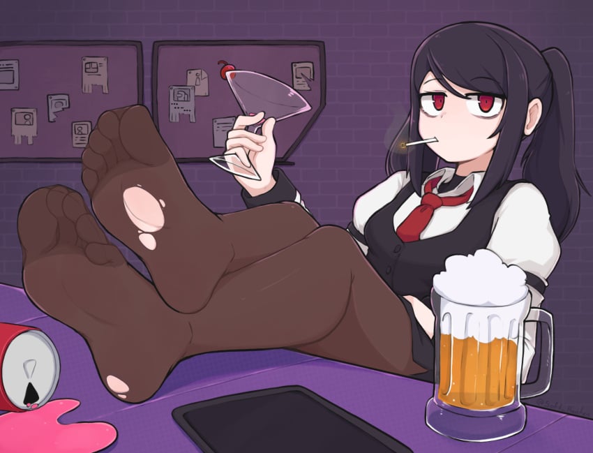 1girls alcohol beer black_hair clothed damaged_clothes dark_hair eyebrows_visible_through_hair feet feet_on_table feet_up female foot_fetish foot_focus hidden_amogus holding_object indoors julianne_stingray leggings looking_at_viewer red_eyes ripped_stockings shoes_removed smoking softhanten solo solo_female solo_focus stockings tagme tie twintails va-11_hall-a