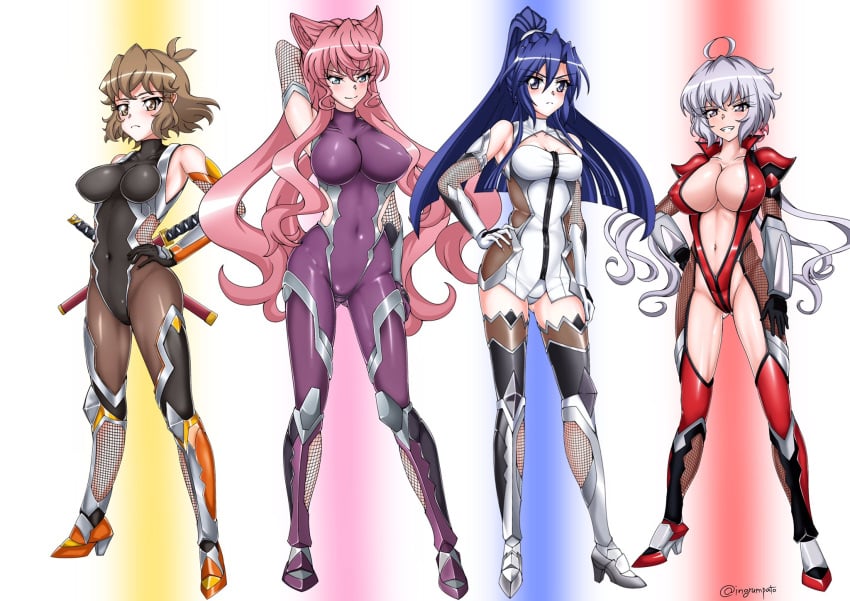 4girls ahoge bare_shoulders black_legwear blue_eyes blue_hair blush bodysuit breasts brown_eyes brown_hair butterfly_hair_ornament cleavage cosplay covered_nipples elbow_gloves fishnets gloves green_eyes hair_between_eyes hair_ears hair_ornament hairclip highres huge_breasts igawa_asagi igawa_asagi_(cosplay) igawa_sakura igawa_sakura_(cosplay) impossible_bodysuit impossible_clothes impossible_leotard kazanari_tsubasa kyomeihibiki large_breasts leotard light_purple_hair long_hair looking_at_viewer low_twintails maria_cadenzavna_eve medium_breasts multiple_girls navel ninja nipples oboro_(taimanin_asagi) oboro_(taimanin_asagi)_(cosplay) one_side_up orange_eyes pink_hair purple_bodysuit purple_eyes senki_zesshou_symphogear senki_zesshou_symphogear_xd_unlimited shiny_skin short_hair showgirl_skirt skin_tight smile tachibana_hibiki_(symphogear) tachibana_hibiki_(symphogear)_(another) taimanin_(series) taimanin_asagi taimanin_asagi_2 taimanin_asagi_3 taimanin_murasaki taimanin_suit thighhighs twintails underwear unitard very_long_hair yatsu_murasaki yatsu_murasaki_(cosplay) yukine_chris