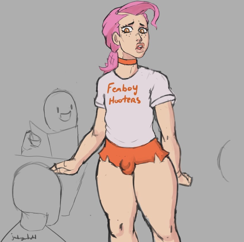 choker femboy femboy_hooters freckles girly hooters jojo's_bizarre_adventure jumbogumbo male_focus male_only penis_bulge pink_hair short_shorts shorts small_penis thick_thighs vento_aureo vinegar_doppio waiter