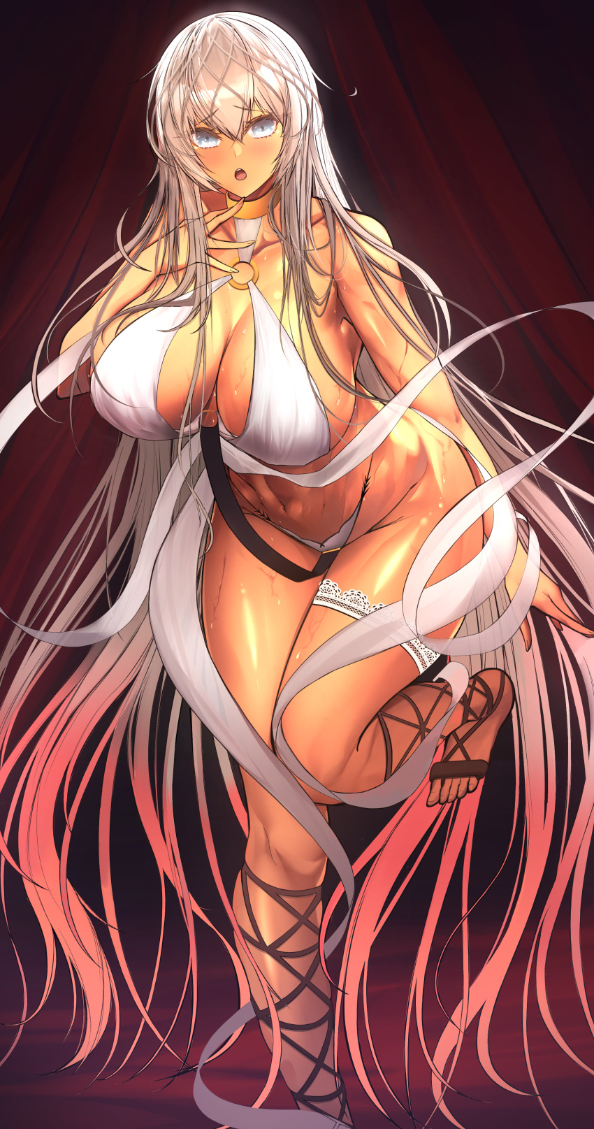 1girls big_breasts blue_eyes celestine_lucross collar cosplay dark-skinned_female fate_(series) female kuroinu_~kedakaki_seijo_wa_hakudaku_ni_somaru~ long_hair long_legs looking_at_viewer red_hair revealing_clothes sandals solo spice_(spicezzumi) thick_thighs two_tone_hair white_hair wide_hips zenobia_(fate)