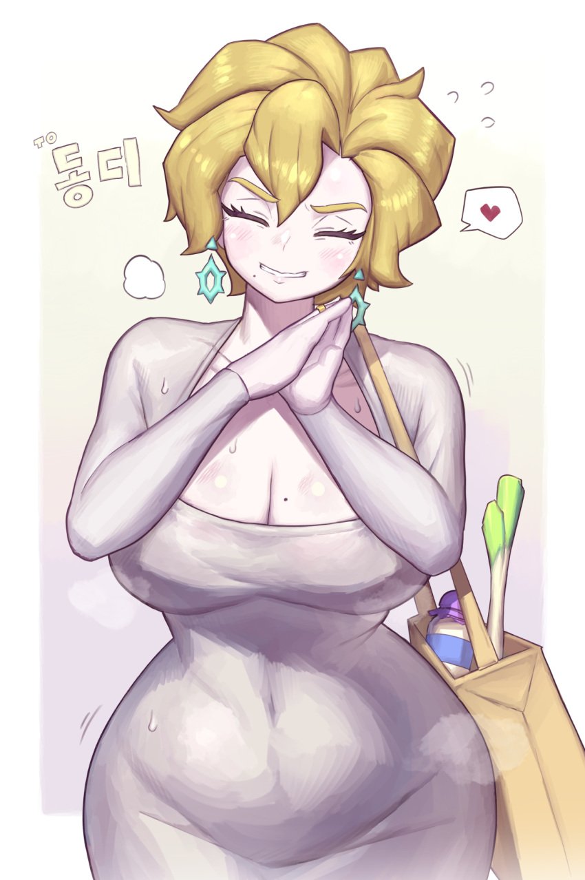 1girls alternate_breast_size bag big_breasts blonde_hair breasts briar_(pokemon) busty closed_eyes curvaceous curvy curvy_body curvy_female curvy_figure domaguri dongtan_dress earrings eyes_closed female female_only game_freak huge_breasts large_breasts mole mole_on_breast mole_under_mouth nintendo pokemon pokemon_(game) pokemon_sv ring short_hair voluptuous wide_hips