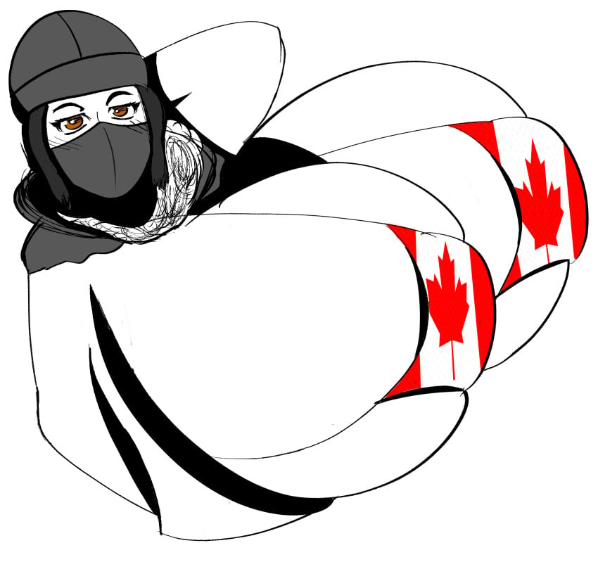 1girls bikini black_hair brown_eyes canadian_flag canadian_flag_bikini female female_only frost_(rainbow_six) huge_breasts hyper hyper_breasts looking_at_viewer monochrome rainbow_six_siege tagme ubisoft weaponizedpornography