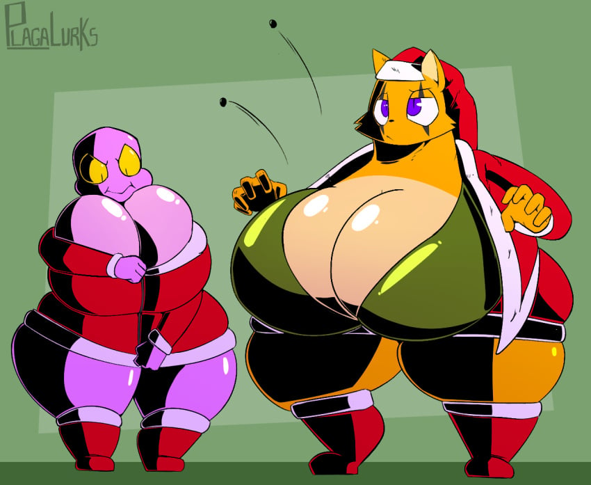 2023 2girls anthro ass big_ass big_breasts big_butt brittle_(plaga) bubble_butt button_(fastener) button_pop cellulite christmas chubby chubby_female clothing dat_ass dumptruck_ass duo fat_ass fat_butt female female_only headgear headwear hi_res holidays huge_ass huge_butt hyper_ass hyper_breasts hyper_butt large_ass parfait_(plaga) plaga purple_body purple_eyes santa_costume santa_hat struggling struggling_to_fit tagme thick_ass thick_thighs thunder_thighs tight_clothing tubbs_(plaga) wardrobe_malfunction wide_hips yellow_body