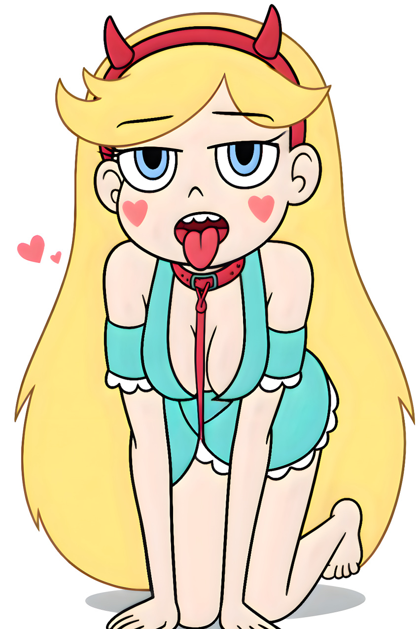 ai_generated blonde_hair blue_eyes breasts choker doggy_style fake_horns female heart looking_at_viewer meikerai3d open_mouth shirt star_butterfly star_vs_the_forces_of_evil