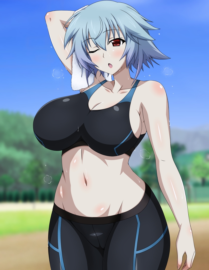 absurdres bike_shorts black_shorts black_sports_bra blue_hair blue_sky blush breasts day female highres infinite_stratos large_breasts midriff navel one_eye_closed open_mouth outdoors red_eyes sarashiki_tatenashi shiny_skin short_hair shorts sky solo space_gorilla sports_bra standing stomach stomach_day sweat towel