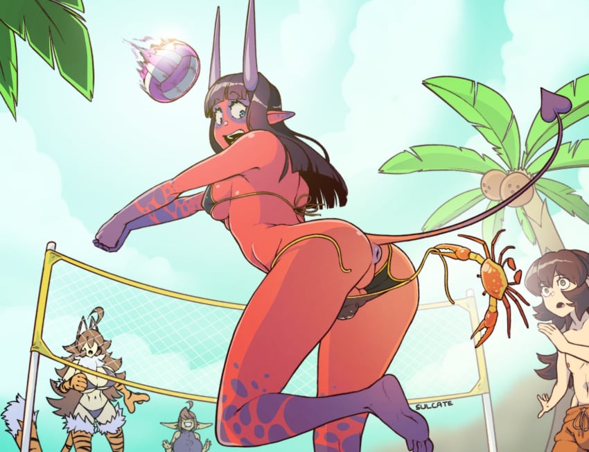 1boy 1futa 2girls anus ass assisted_exposure backsack ball_bulge balls balls_in_panties balls_under_clothes barefoot barely_visible_balls barely_visible_genitalia beach bikini breasts bulge cleavage clothing crab crab_stealing_clothing curvy demon_futa demon_girl dickgirl embarrassed exposed exposed_anus exposed_ass exposed_balls female flaccid futa_sans_pussy futanari horns huge_breasts intersex large_ass looking_back lost_clothes male medium_breasts mesara open_mouth panties panty_bulge penis_bulge penis_in_panties penis_under_clothes pointy_ears public_exposure red_skin small_penis sulcate tail taint unaware undressing volleyball wardrobe_malfunction wide_hips