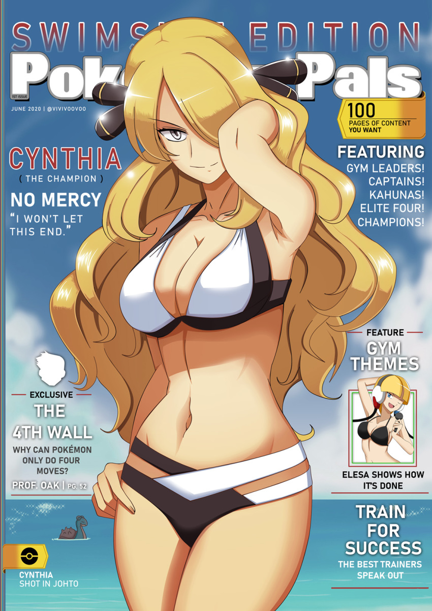 2girls arm_up beach bikini blonde_hair blue_eyes cover cynthia_(pokemon) elesa_(pokemon) elesa_(pokemon_bw) female female_only hair_ornament hair_over_one_eye hand_on_hip headphones human lapras long_hair magazine_cover microphone multiple_girls nintendo pokemon pokemon_bw pokemon_champion pokemon_dppt pokemon_rgby sea short_hair silver_eyes swimsuit text_focus vivivoovoo