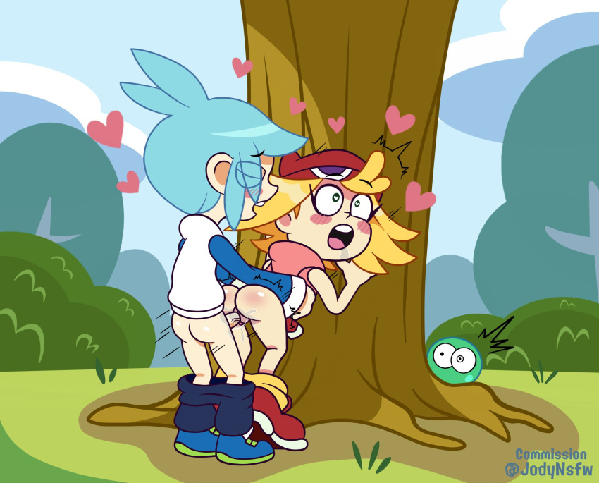 1boy 1girls 2020 against_tree ahe_gao amitie artist_name ass beanie belt blonde_hair blue_hair blush bush butt clothed clothed_sex cute drooling female forest from_behind fucked_silly hat heart heart-shaped_pupils heterochromia highres jodyinkfist male outdoor_sex pants_down penis pleasure_face pussy pussy_juice puyo_(puyopuyo) puyo_puyo puyo_puyo_fever sega sex shocked shoes shorts sig_(puyo_puyo) speed_lines straight tree twitter_username vagina vaginal vaginal_penetration video_games watching