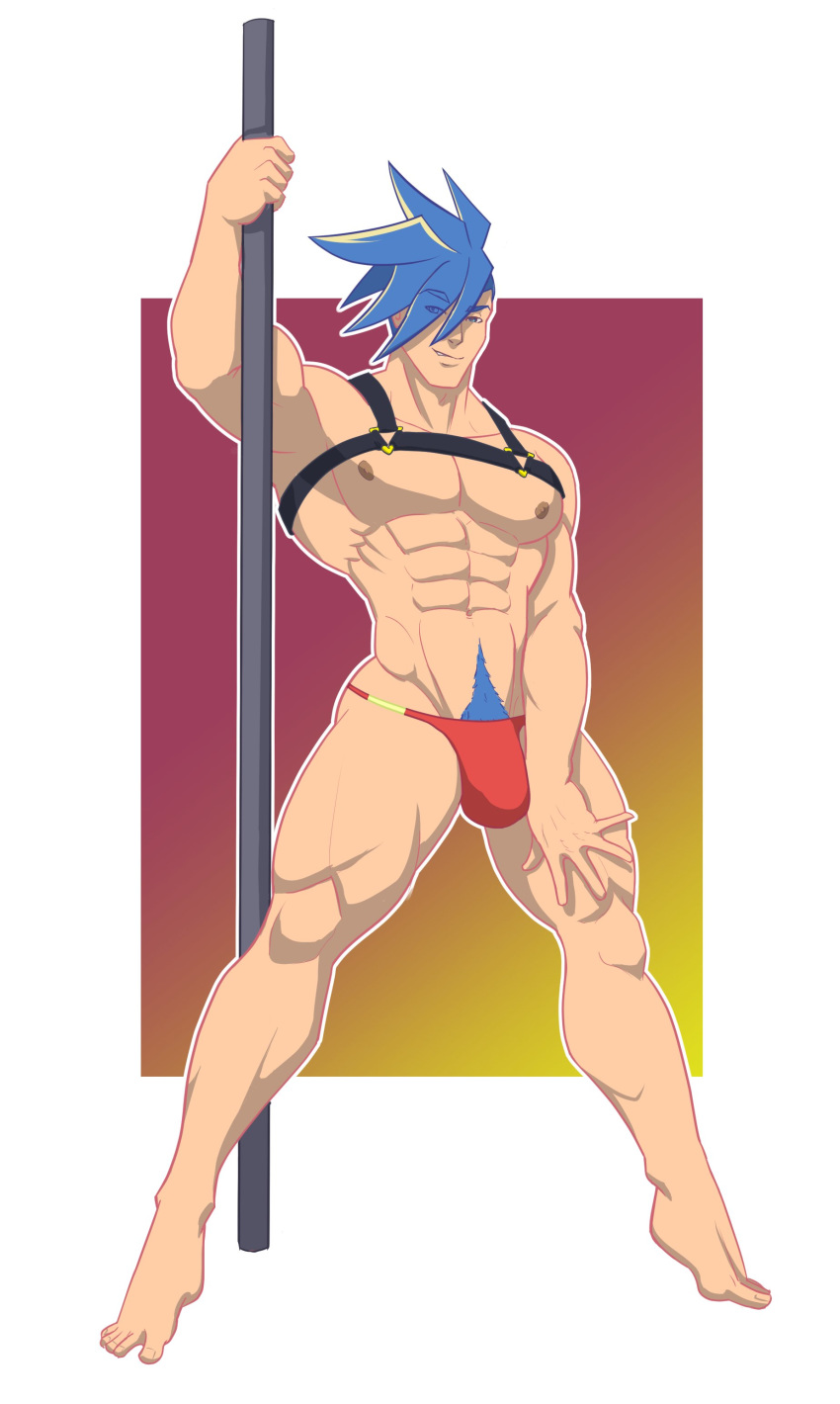 1boy abs absurd_res absurdres barawulf barefoot blue_eyebrows blue_eyes blue_hair blue_pubic_hair bulge color front_view galo_thymos grin harness highres looking_at_viewer male male_focus male_only muscle muscles muscular muscular_male nipples partially_clothed pecs promare pubic_hair simple_background solo solo_male stripper stripper_pole stripping teasing thighs thong toned toned_male white_background