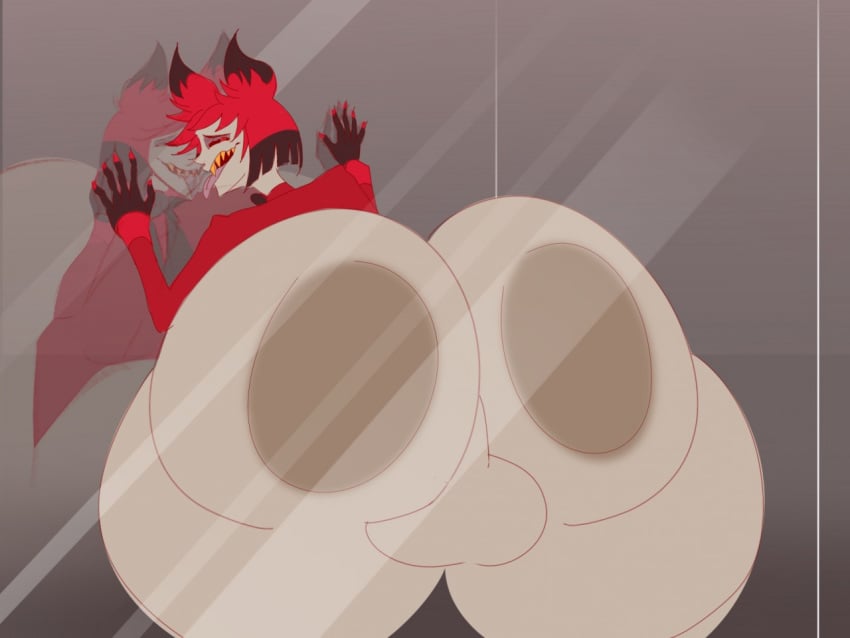 1boy against_glass alastor_(hazbin_hotel) ass ass_on_glass backsack balls bent_over big_ass butt butt_focus deliciousq demon femboy glass hazbin_hotel looking_at_viewer looking_back male_only smooth_skin thick_ass thick_thighs vivienne_medrano