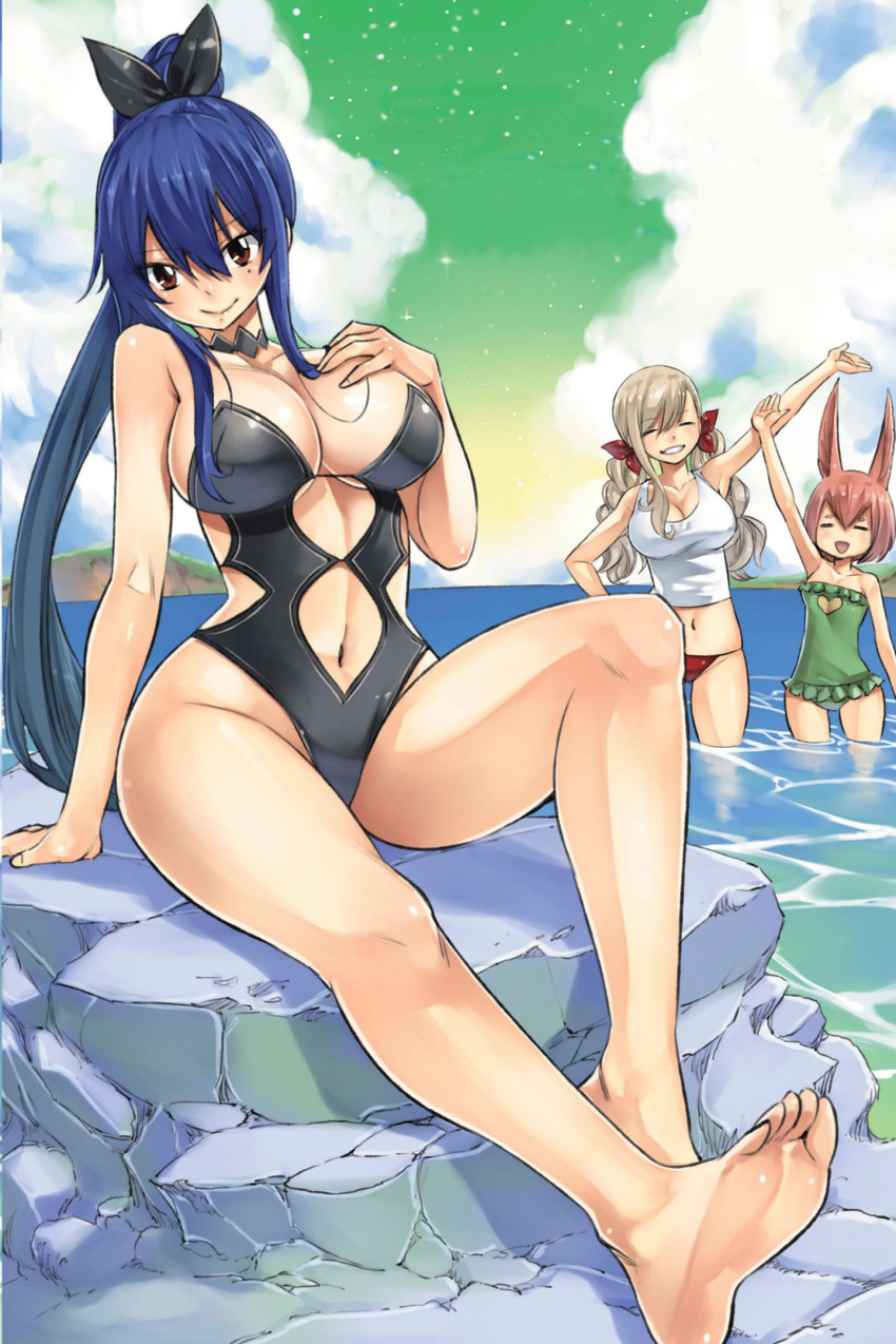 3girls android ashy_hair big_breasts blue_hair brown_eyes closed_eyes e.m._pino edens_zero half_naked hiro_mashima homura_kogetsu looking_at_viewer mashima_hiro mole multiple_girls pink_hair pointing_at_viewer rebecca_bluegarden river sky smile stars stone swimsuit tail thick_thighs water