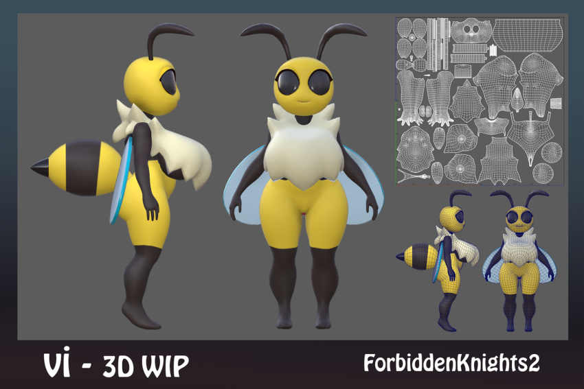 3d antennae_(anatomy) anthro apis_mellifera arthropod arthropod_abdomen ass back_boob bee big_breasts big_butt biped black_body breasts bug_fables female fluffy forbiddenknights2 hi_res honey_bee hymenopteran insect_wings insects moonsprout_games neck_tuft non-mammal_breasts rpg_game shortstack side_boob slightly_chubby solo thick_thighs tuft unfinished vi_(bug_fables) video_games wings yellow_body