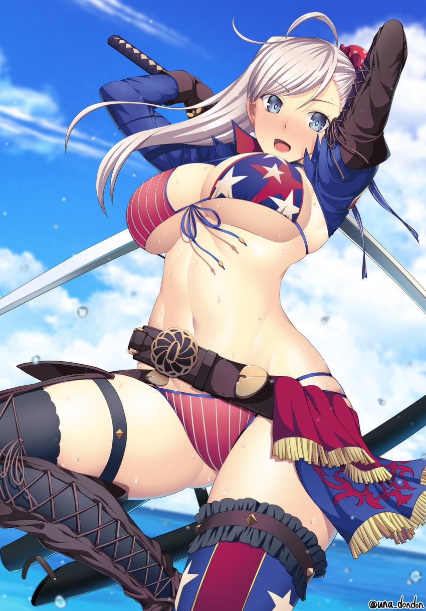 1girls 2020 american_flag american_flag_bikini american_flag_legwear artist_name asymmetrical_hair asymmetrical_legwear bangs belt bikini black_belt blue_eyes blue_sky boots breasts bun_cover day dual_wielding fate/grand_order fate_(series) female female_only flag_print front-tie_bikini front-tie_top hair_bun highres holding large_breasts long_hair looking_at_viewer mismatched_legwear miyamoto_musashi_(fate) miyamoto_musashi_(swimsuit_berserker) navel outdoors pink_hair sky solo star_(symbol) star_print swept_bangs swimsuit thigh_boots thighhighs twitter_username unadon underboob