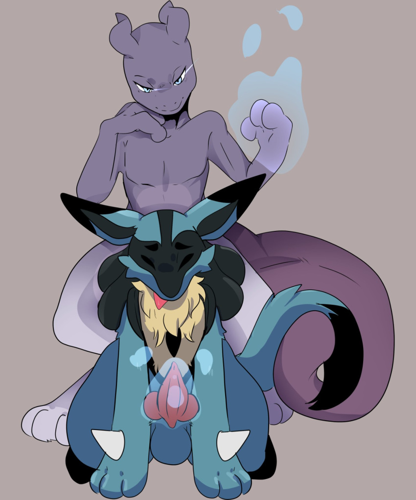 2020 all_fours ambiguous_gender balls black_body black_fur blacktail_(doesnotexist) blue_body blue_eyes blue_fur closed_eyes duo fan_character feral front_view fur genitals grey_background hi_res iorite_(doesnotexist) knot legendary_pokémon looking_at_another lucario luuriolu magic magicjob male male/ambiguous malesub mewtwo multicolored_body multicolored_fur narrowed_eyes nintendo nude penis pink_body pink_fur pokemon pokemon_(species) simple_background tapering_penis tongue tongue_out two_tone_body two_tone_fur video_games