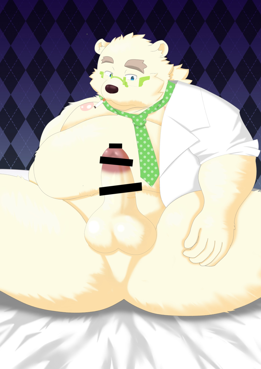 2019 absurd_res anthro ass balls belly censored clothing erection eyewear genitals glasses hi_res hisashiyo_0705 humanoid_genitalia humanoid_hands humanoid_penis leib_(tokyo_afterschool_summoners) male male_only mammal moobs necktie nipples overweight overweight_male penis polar_bear shirt sitting solo tokyo_afterschool_summoners topwear ursid ursine video_games