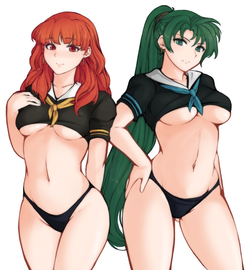 bare_legs bare_midriff celica_(fire_emblem) fire_emblem fire_emblem:_the_blazing_blade fire_emblem_echoes:_shadows_of_valentia fire_emblem_gaiden green_eyes green_hair long_hair lyn_(fire_emblem) midriff orange_hair panties ponytail red_eyes school_uniform tridisart underboob