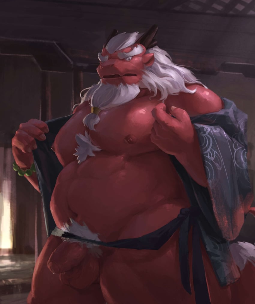 anthro asian_clothing asian_mythology balls barazoku beads beard biped bodily_fluids body_hair braided_hair bulge chest_hair clothing dragon east_asian_clothing east_asian_mythology eastern_dragon facial_hair fundoshi genital_fluids genitals hair hi_res horn humanoid_genitalia humanoid_penis japanese_clothing kemono lindong looking_at_viewer male male_only mature_male moziqiao musclegut mythology navel nipples old overweight pecs penis precum red_body scalie solo uncut underwear white_hair