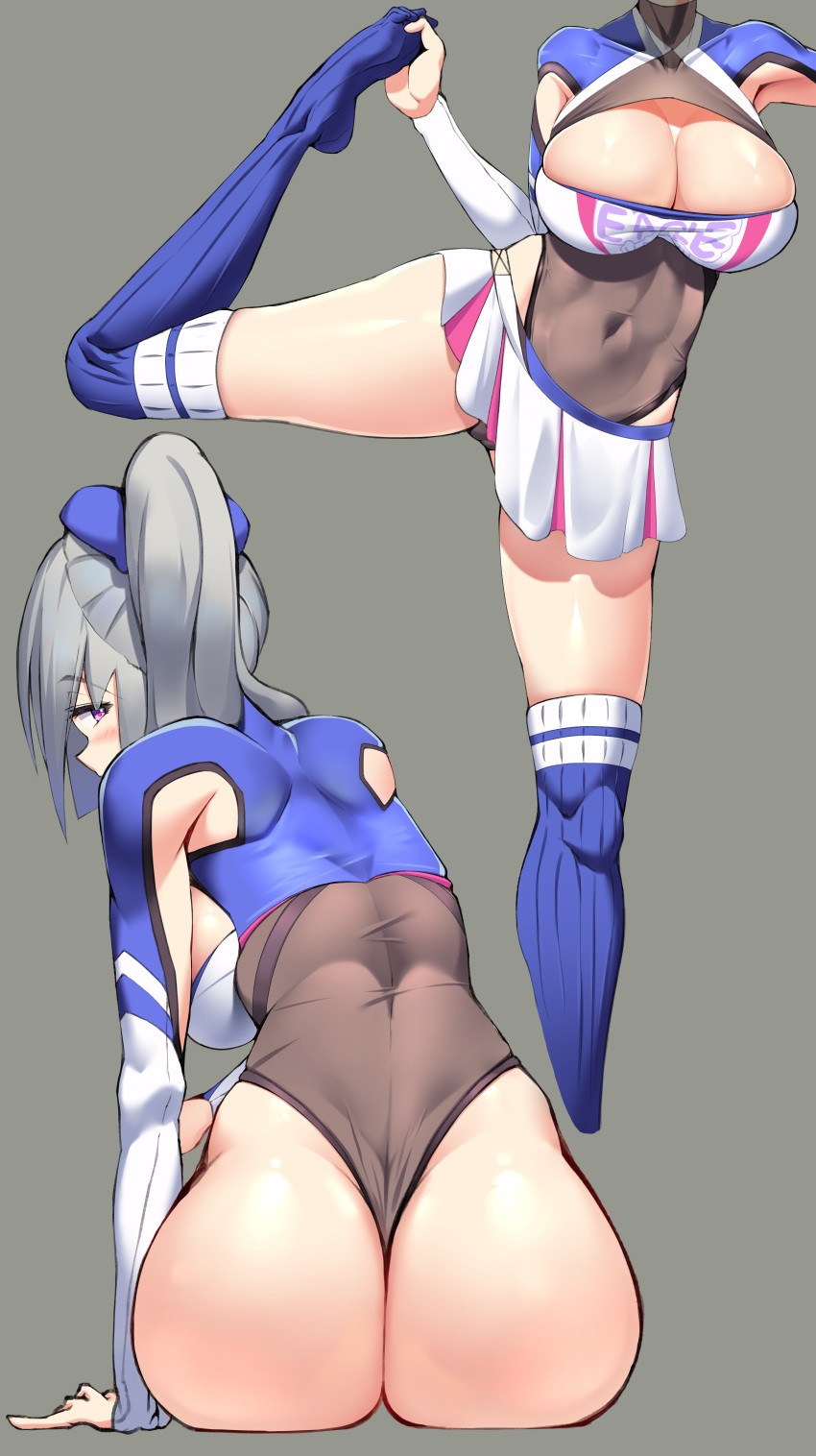 1girls ass azur_lane blush casablanca_(azur_lane) casablanca_(cheer_squad_on_break)_(azur_lane) cheerleader cleavage dancing dat_ass eagle_union_(azur_lane) fully_clothed googoogaagaa grey_hair huge_ass large_breasts light-skinned_female light_skin long_hair looking_back ponytail purple_eyes skimpy_clothes thong thong_leotard