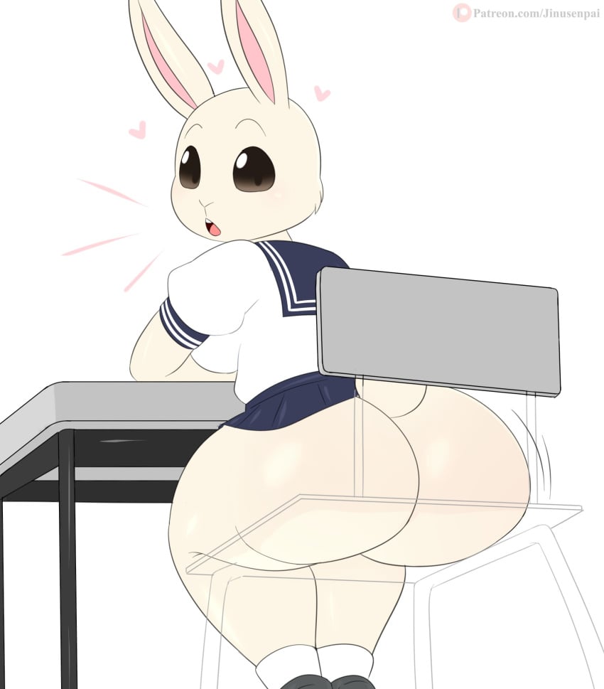 <3 1girls anthro ass beastars big_ass chair dark_eyes desk female female_only haru_(beastars) highres huge_ass jinu lagomorph large_ass looking_back mostly_clothed open_mouth patreon rabbit school_uniform see-through shortstack sideboob simple_background skirt solo tail thick_thighs white_background white_body white_fur wide_hips