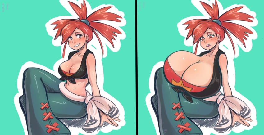 1girls abs big_breasts blush breast_expansion eye_contact female flannery_(pokemon) flannery_(pokemon_oras) gym_leader hair_ribbon huge_breasts human looking_at_viewer nintendo pale-skinned_female pale_skin pinkkoffin pokemon pokemon_oras pokemon_rse red_eyes red_hair solo sweat