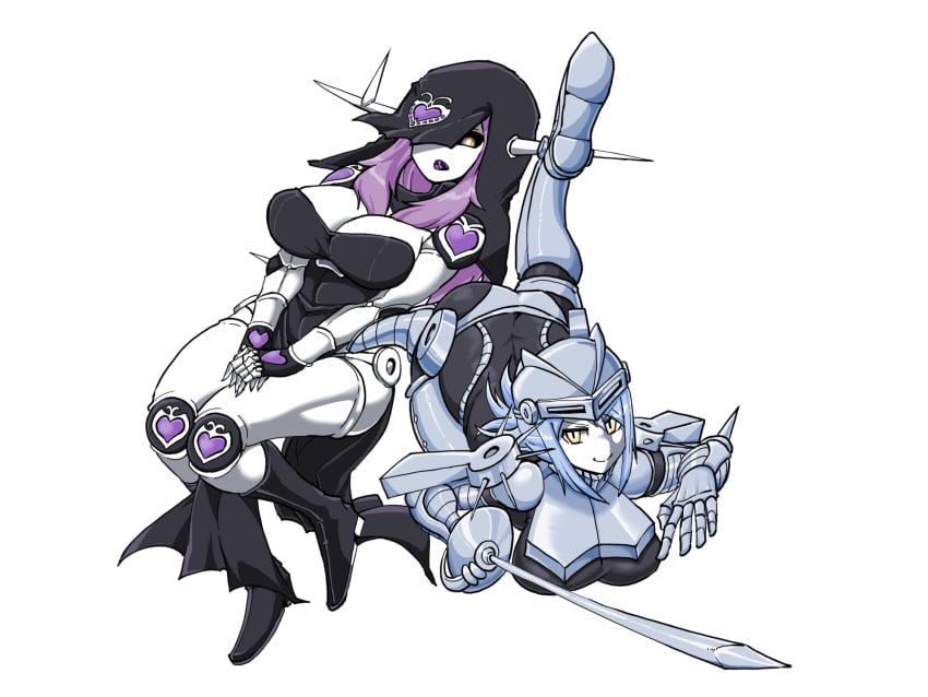 2019 2girls 4:3 absurd_res armor ass back black_bodysuit black_dress black_legwear bodysuit boots breasts cleavage clothing cream_(jjba) dress eyebrows_visible_through_hair female female_only genderswap_(mtf) gloves glowing_eyes hat heart helmet highres holding_weapon horns huge_breasts humanized humanoid jojo's_bizarre_adventure large_breasts long_hair looking_at_viewer mannungei multiple_girls no_humans one_eye_covered one_leg_up open_mouth pose purple_hair rule_63 saber_(weapon) shoulder_pads shounen_jump silver_chariot silver_hair simple_background smile spikes stand_(jjba) stardust_crusaders thick_thighs thighs v_arms weapon white_background white_skin yellow_eyes