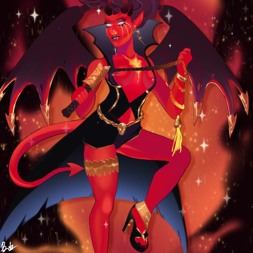 1girls akasha blue_eyes brunette demon_girl detailed_background dota_2 earrings gold gold_jewelry horns nipple_piercing queen_of_pain red_skin succubus tail whip wings