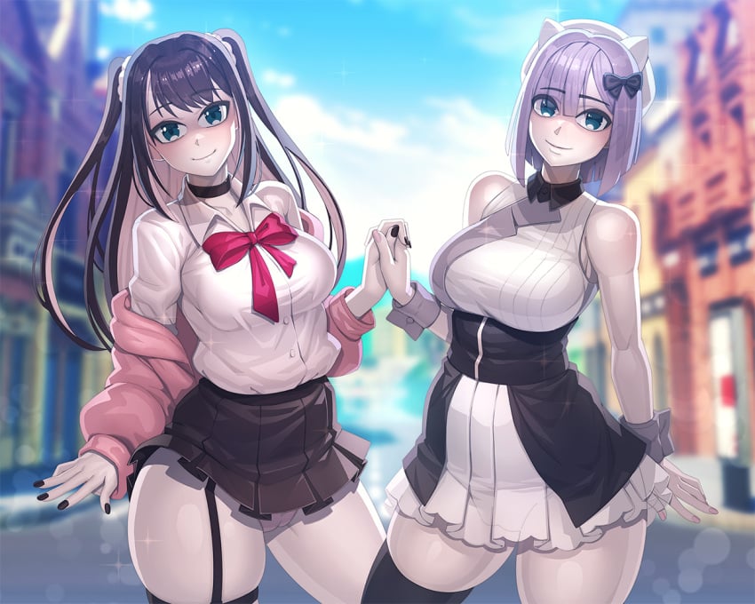 2girls alternate_breast_size big_breasts female fully_clothed holding_hands huge_ass kaga_nazuna kaga_sumire large_breasts lycra_(artist) pre-transformation thick_thighs transformation virtual_youtuber vspo! wide_hips