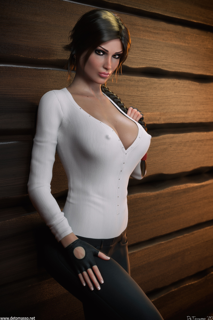 1girls 3d big_breasts breasts brown_eyes brown_hair cleavage detomasso erect_nipples eyeshadow female female_only lara_croft lara_croft_(classic) large_breasts looking_at_viewer nipple_bulge nipples solo tomb_raider