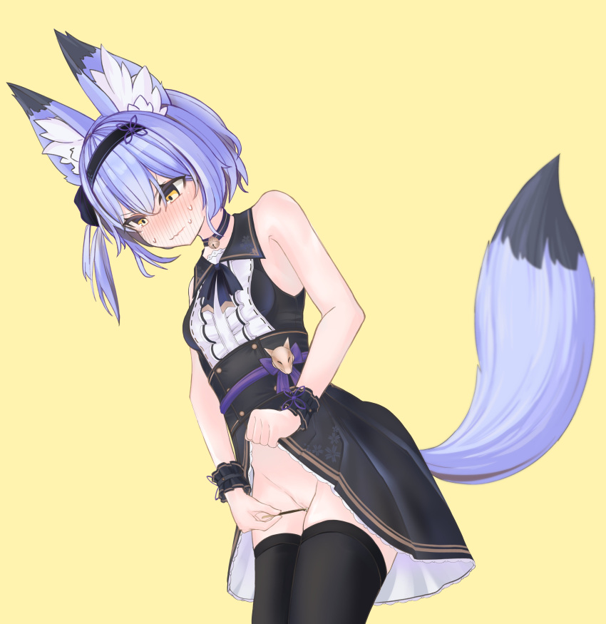 absurdres animal_ear_fluff animal_ears artist_request black_choker black_hairband black_legwear blue_hair blush choker dress dress_lift female fox_ears fox_girl fox_tail hair_between_eyes hairband highres no_panties object_insertion pocky_day pussy sash short_hair sleeveless sleeveless_dress solo tail thighhighs uncensored vaginal_object_insertion vaginal_penetration vrchat wavy_mouth wrist_cuffs yellow_eyes yuuko-zoku_no_onee-chan