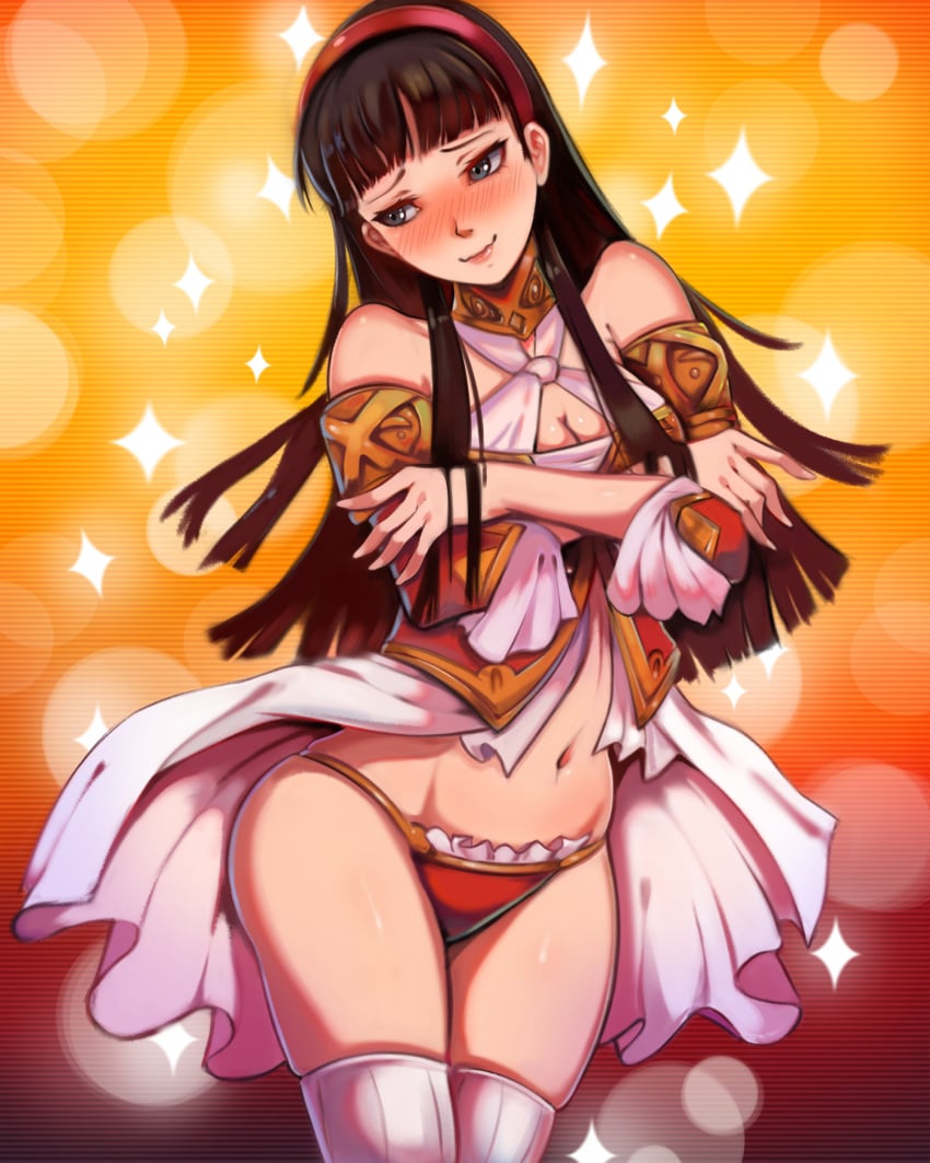 1girls alternate_costume amagi_yukiko armor atlus bikini bikini_armor black_hair black_hair_female blush blushing cleavage clothed clothed_female clothing embarrassed female female_only high-cut_armor light-skinned_female light_skin long_hair long_hair_female megami_tensei panties persona persona_4 revealing_clothes sega smile solo solo_female solo_focus toasty_scones