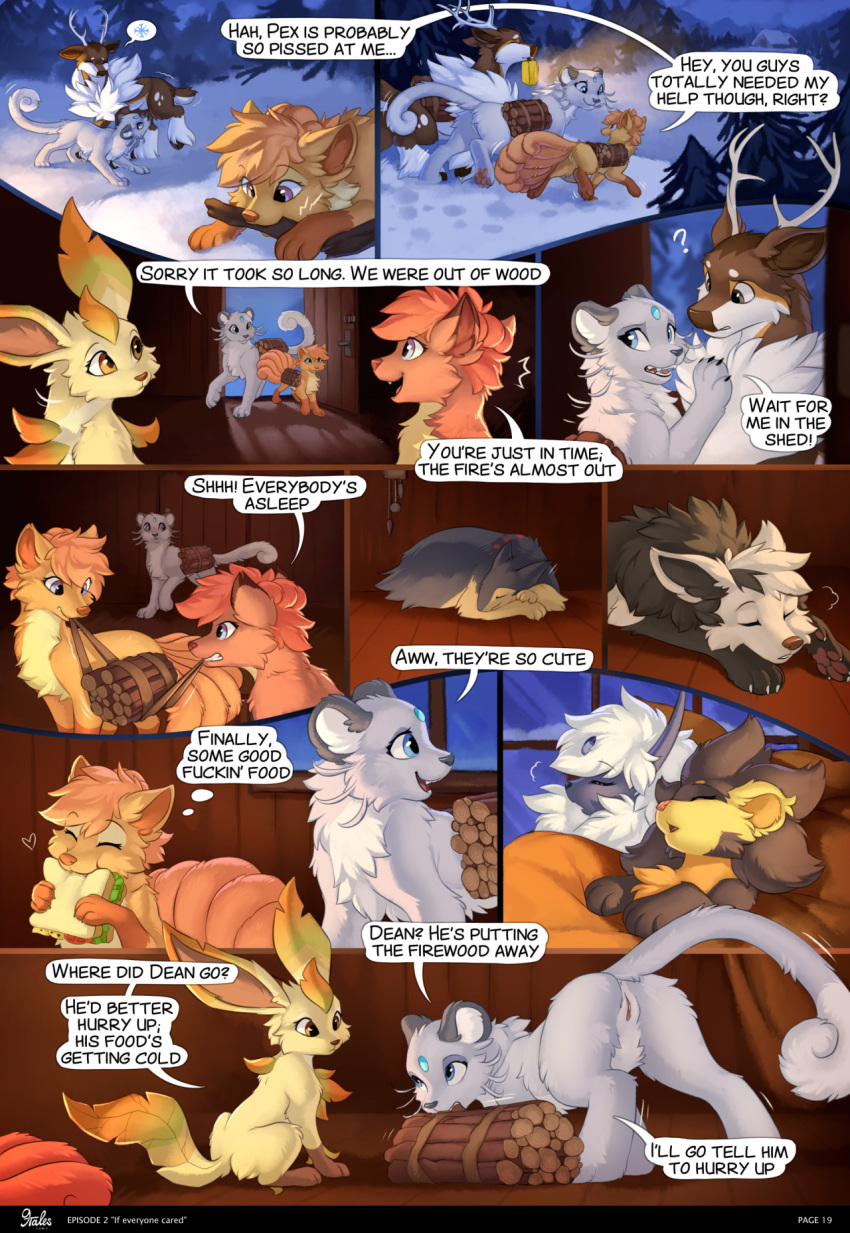 2020 9tales_comic ? absol alolan_persian anus ass blue_eyes breanna_(9tales) brown_body brown_eyes brown_fur canid canine cervid cheek_tuft chest_tuft comic countershade_torso countershading dean_(9tales) dialogue digital_media_(artwork) digitigrade eeveelution english_text episode_2 erin_(9tales) facial_tuft fallie_(9tales) fangs felicity_(9tales) felid feline female feral fluffy freckles fur genitals grey_eyes group hi_res hioshiru inside kalani_(9tales) kejifox leaf_ears leaf_tail leafeon luxray male mammal mightyena night nintendo orange_body orange_fur outside page_19 persian pex_(9tales) pokemon pokemon_(species) profanity pussy raised_tail regional_form_(pokémon) sammy_(9tales) sawsbuck snow speech_bubble text tuft typhlosion video_games vulpix white_body winter_sawsbuck