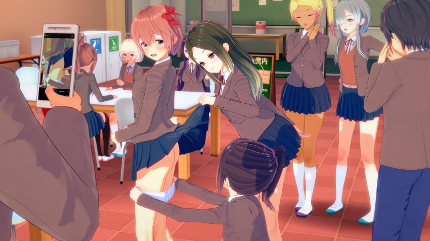 2boys 3d 8girls artist_request ass background_characters blue_eyes bow closed_eyes doki_doki_literature_club embarrassed embarrassed_female eyebrows_visible_through_hair female grey_eyes hairbow koikatsu koikatu long_hair long_socks male monika_(doki_doki_literature_club) panties pants_down phone phone_camera purple_eyes red_bow sayori_(doki_doki_literature_club) school_uniform schoolboy schoolgirl sharking shoes short_hair skirt skirt_up socks yuri_(doki_doki_literature_club)